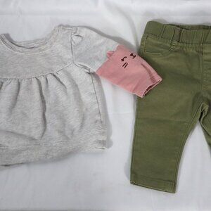 Baby Girls 3-6M Gray and Pink Cat Top Green Pants Outfit Fall